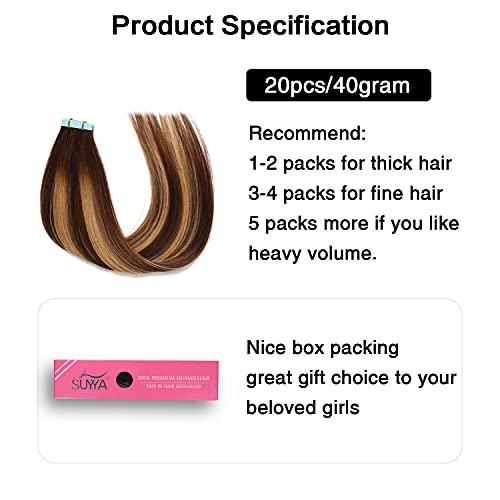 Image of SUYYA Tape In Hair Extensions Human Hair 14 Inch #P4 /27 /T4 Balayage