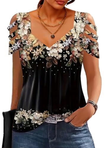 SAUKOLE Summer Women Cold Shoulder Tops Casual Loose Hollow Out Short Sleeve T Shirt Sexy V Neck Tops Blouses