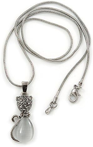 Avalaya Cat's Eye Stone Crystal Kitty Pendant With Silver Tone Snake Style Chain/ 42cm L, grey, silver - Image 5
