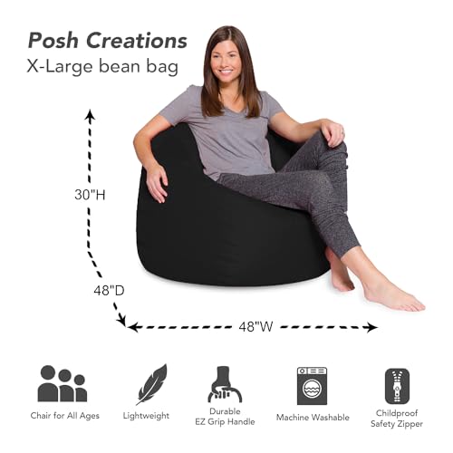 Posh Creations Bean Bag Chair for Kids, Teens, and Adults Includes Removable and Machine Washable Cover, Solid Black, 48in - X-Large