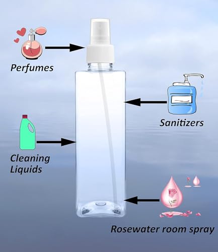 Image of ikis Square Refillable Transparent Plastic Spray Bottle|Fine Mist Spray Bottle| 200ml| Pack of 2| Ideal for storing Perfumes, Sanitizers, Cleaning Liquid and use for a room spray