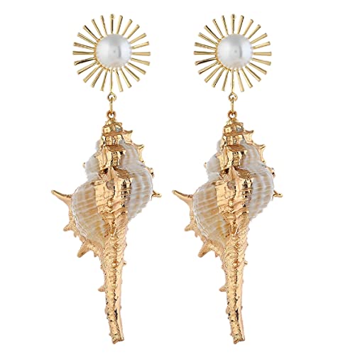 Bohemian Seashell Conch Earrings - Beach Shell Long Dangle for Women - Baroque Pearl Summer Boho Jewelry for Ladies - Ocean Sea Snail Earrings