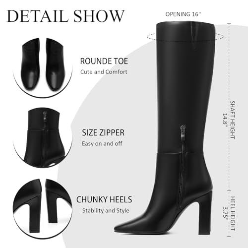 Womens Knee High Boots Round Toe Tall Boots Block High Heel Boots Side Zipper Long Boots Comfortable Fashion Dress Boot2