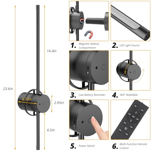 Image of Battery Operated Wall Sconces Set of 2, Rechargeable Wall Sconce with Remote Low Battery Reminder Dimmable 360Rotate Timing, Wireless Rechargeable Wall Lights for Living Room Bedroom Hallway Black
