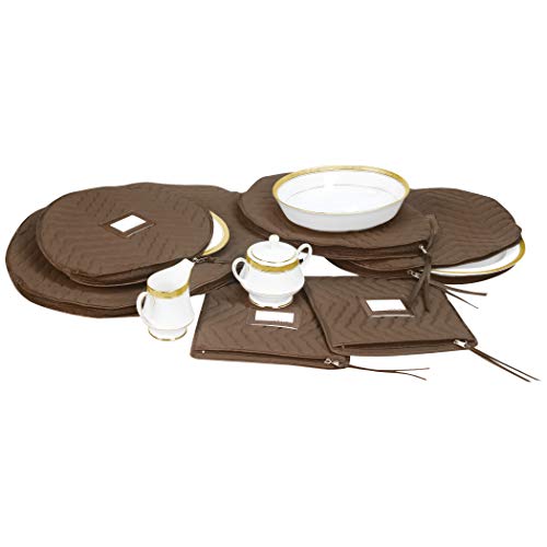 6 Pieces of Fine China Dinnerware Accessory Storage Set - Deluxe Quilted Plush Microfiber - Contents Label Window - Protect Your Valuable China Dishes from Dings, Scratches and Cracks - Brown