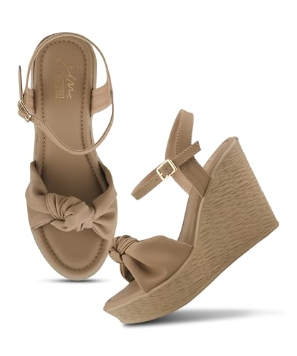 Image of JM LOOKS Elegant Ruched Knot Wedge Sandals with Woven Texture Heel and Adjustable Ankle Strap Comfort