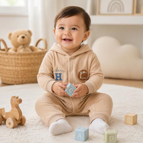 Image of Bold N Elegant Cartoon Bear Warm Winter Fur Wool Full Sleeve Footless Baby Romper with Hood, Front Button Bodysuit for Newborn Infant Baby Boy Girl