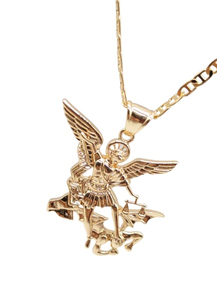 14K Gold Plated Archangel Saint Michael Necklace 22" LONG-28x20mm / 14k Oro Laminado Arcángel San Miguel Cadena 22" Largo - RAYSET14-G3