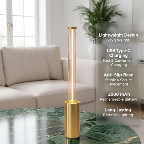 Image of NYRWANA Rechargeable Cordless Table Lamp | 2000mAh Battery | USB-C Charging | Touch Control | Stepless Dimming | Warm LED Bedside Lamp for Bedroom, Living Room, Home Decor (Metal Gold)