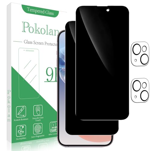 Pokolan 2+2 Pack Privacy Screen Protector for iPhone 15 Plus With Camera Lens Protector Anti Spy Tempered Glass 9H Hardness Anti Scratch Bubble Free Easy to Install