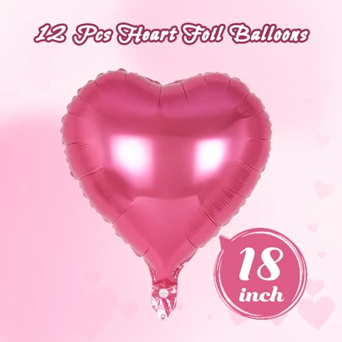 Image of 12 Pcs Deep Pink Heart Balloons,18 Inch Heart Foil Balloons Love Balloon Valentine Balloon for Birthday Party Wedding Engagement Party Baby Shower Valentine Day Decorations