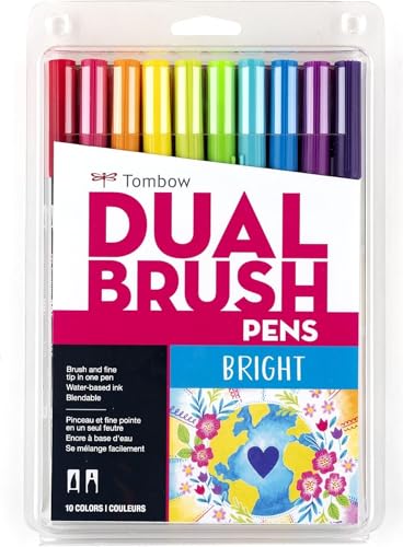 Tombow 56185 Dual Brush Pen Art Markers, Bright, 10-Pack. Blendable, Brush and Fine Tip Markers