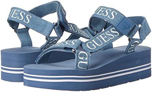 GUESS Women's AVIN Wedge Sandal, Blue+White Denim, 7.5 | Image 6