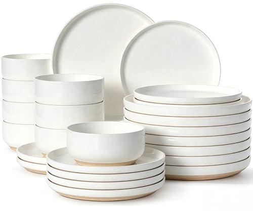 Plates and Bowls Sets, Scratch Resistant Dinnerware Sets for 8, 24 Pieces Porcelain Ceramic Dishware Dishes Set, Modern Stoneware Kitchen Dinner Set, Microwave and Dishwasher Safe, Cream White