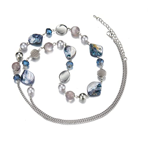 FULU AUTUMN Long Beaded Necklaces for Women Silver Link Chain Necklace with Shell Crystal Beads, Party Gifts for Her2