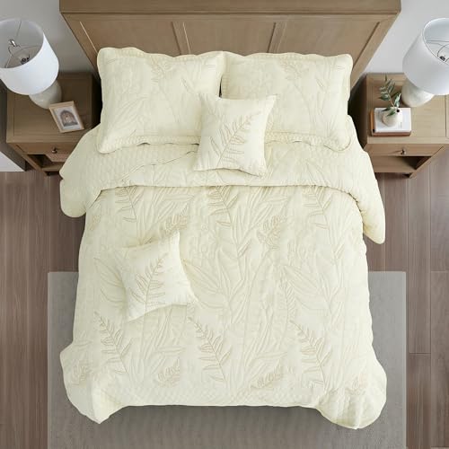 Image of Bedspread oversized,King 120x118,Beautiful Leaf Stitching,5 PC, Ivory