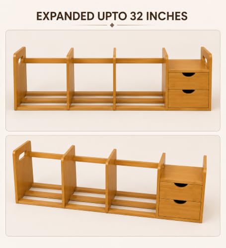Image of Expandable Wooden Desk Organizer with 2 Drawers Adjustable Desktop Bookshelf Office Desk Storage Rack Study Table File Holder Stationery Organizer Engineered Wood Brown