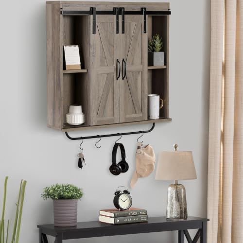 Image of RUSTOWN Farmhouse Bathroom Wall Cabinet with Sliding Barn Door & Towel Rack