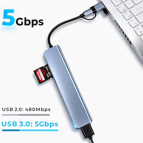 Image of Primate 8-in-1 USB-C Hub with Dual USB & Type-C Connectors, AUX Port, USB 3.0 /2.0, SD & microSD Card Reader, Data Transfer Adapter for Laptop, MacBook & PC