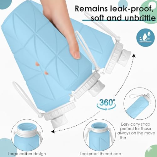 Image of 600ml Folding Silicone Water Bottle for Travel, Gym, Hiking, Camping with Leak-Proof Lid Space-Saving Portable Bottle (Blue 2PC)