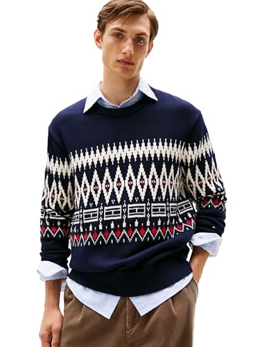 Pull léger Tommy Hilfiger col rond pour homme en coton bleu et ivoire taille L