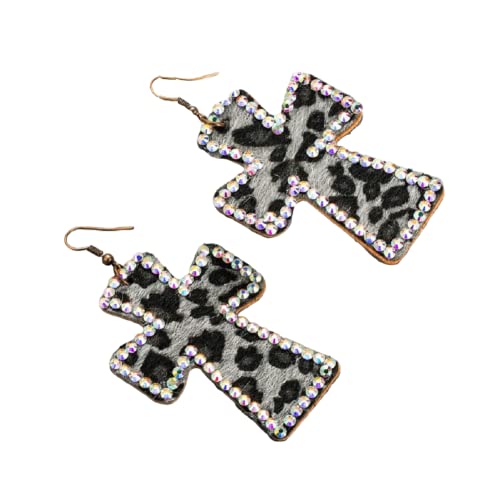 Boucles d'oreilles pendantes cuir cristal AB style bohème et vintage léopard