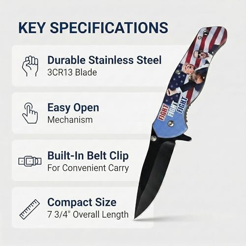 Image of PS Trump Patriotic Pocket Knife Gifts for Men, Everyday Carry Work Knife with Belt Clip, American Flag Handle, Stainless Steel, 7.5 Inch