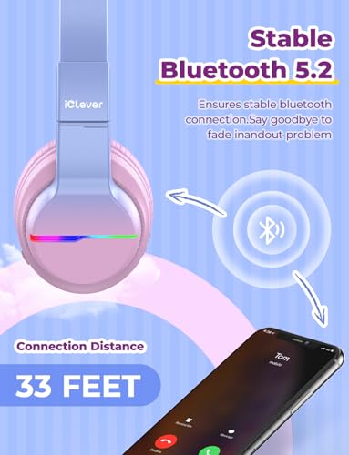 Image of iClever BTH12 Kids Headphones, Colorful LED Lights Kids Bluetooth Headphones with 74 /85 /94dB Volume Limited Over Ear, 40H Playtime, Built-in Mic for School /Tablet /PC /Airplane (Gradient Pink)