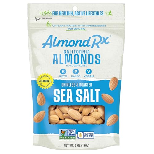 Image of AlmondRx | Heart Healthy Skinless Lightly Salted California Almond Snack Packs | Fortified with Vitamin D | Plant Protein | Keto | Vegan | No Sugar Added (6 Ounce (Pack of 1), Sea Salt)
