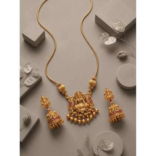 Image of Traditional Gold-Plated Lakshmi Temple Pendant Necklace Set for Women | Antique South Indian Jewelry with Jhumka Earrings | Ethnic Bridal, Wedding & Festive Jewelry Set