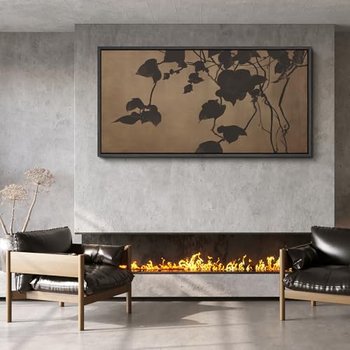 Image of MUDECOR Extra Large Framed Canvas Print Wall Art Minimalist Shadow Leaves Neutral Botanical Silhouette Antique Retro Ready to Hang Painting for Living Room Bedroom Multi-Sizes - 60 inchx30 inch