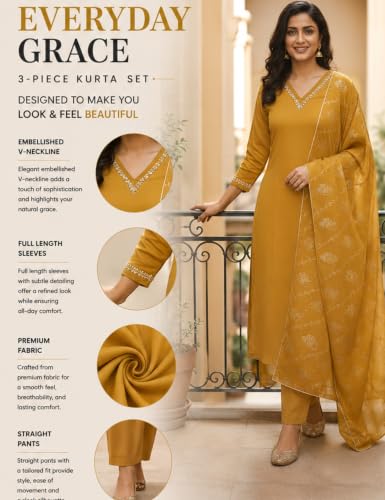 Image of Women's Blue Color Polyester Kurta Set with Pant & Dupatta | 3-Piece Suit
