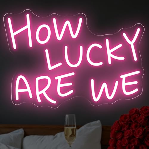 Image of How Lucky Are We Neon Sign, Romantic Anniversary LED Light, Home Bedroom Wall Decor,Valentine's Day Decor, Wedding Neon Wall Art, Light Pink, 15.7 inchx11 inch