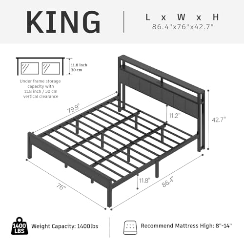 Image of E-Motie King Size Bed Frame with LED Lights and Charging Station, Wood Storage Headboard with 2-Tier Shelves, Heavy Duty Metal Slats, No Box Spring Need, Noise Free, Easy Assembly, Light Grey