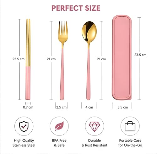 Image of 3 Piece Premium Gold Stainless Steel Chopsticks Fork Spoon Set with Travel Case Non-Slip Dinnerware Cutlery Set Tableware Set for Gift (Gold Pink)