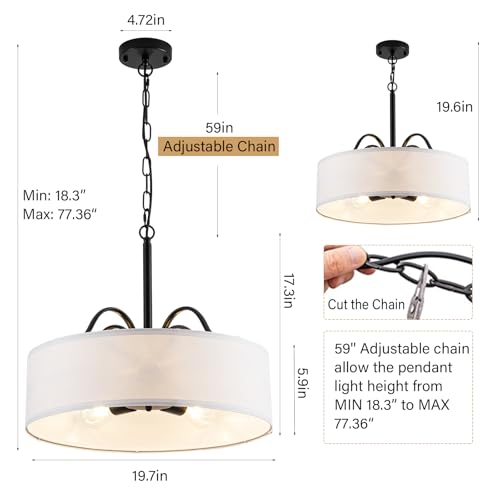 Hfyoxk LY022 Black Drum Chandelier Kitchen Island Lights, White Fabric Modern Farmhouse Chandeliers thumb #4