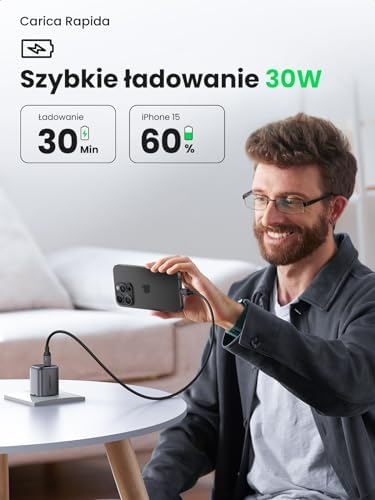 UGREEN Nexode 30W Ładowarka USB C z kablem USB C na USB C Zasilacz USB C Szybka ładowarka GaN II z PPS Kompatybilna z Galaxy S23 Ultra, S22, S21, Pixel, MacBook Air, iPad, Tab S8, A8, iPhone 14