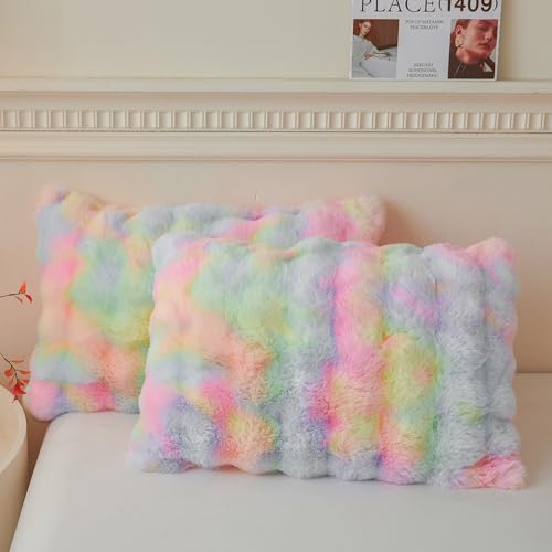 LIFEREVO 2 Pieces Fluffy Faux Rabbit Fur Pillow Cases, Luxury Soft Plush Shaggy Bubble Pillowcases Standard Size with Zipper, Furry Fuzzy Long Pillow Shams for Adult Girls Kids Teens 20x26, Rainbow