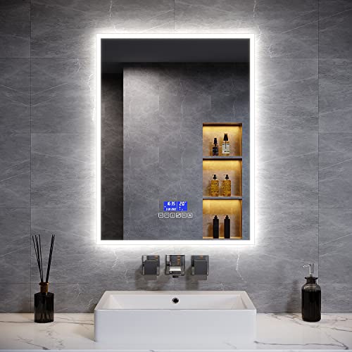 Image of ELEGANT Backlit LED Bathroom Mirror with Shaver Socket and Bluetooth Speakers, Illuminated Bathroom Vanity Mirror with Dimmable Brightness | Sensor Touch | Demister Pad | 800x600mm LED Smart Mirror