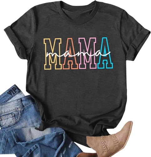 Mama Shirt for Women Mama Letter Printed Mom T-Shirt for Mom Tee Casual Tops Darkgrey