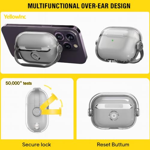 Image of Hybrid Clear Case Cover for Apple Airpods Pro 3 (2025), Anti-Yellowing, Safety Lock, Phone Stand (Transparent Black with Lock)