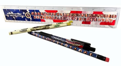 Presidents of the United States School Supply Set – Presidential Ruler, Pen & Pencil Combo with $100 and $50 Bill Design Pencils – Patriotic Educational Gift for Students, History Lovers & Collectors
