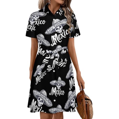 Robe chemise motif mexicain pour femme coupe midi boutonnée fluide