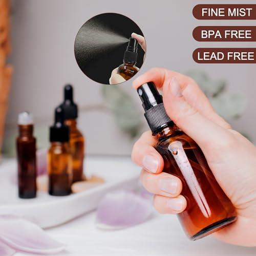 4 oz Amber Glass Spray Bottles - Small Empty Fine Mist Spray Bottle for Essential Oil,Face - Mini Dark Spray Bottles with,Included 4 Sprinkler, 1Funnels,1 Droppers, 4 Labels4