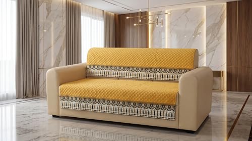 Image of KINGLY Sofa Cover 3 Seater Fully Covered | Stretchable Anti-Slip Slipcover | Washable Furniture Protector | Mustard Yellow | Set of 2 | Seat & Back |