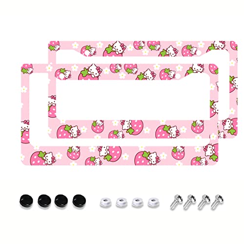 2 Pcs Pink License Plate Frame Women Cute Strawberry Cat Car License Plate Frames Kawaii Car Tag Cover Holder Universal Us Standard Vehicles Car Decor Accessories