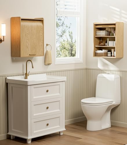 Image of ZttRiee Bathroom Wall Cabinet, Medicine Cabinet with Roll-Up Door & 3 Shelves, Over The Toilet Wall-Mounted Storage Cabinet, Natural