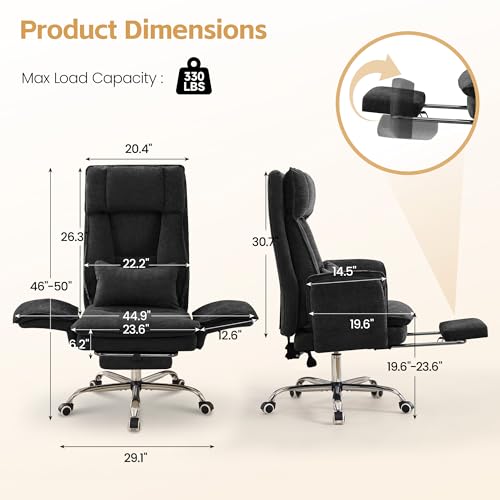Image of HUBSON Big and Tall Office Chair, Footrest & Flip Armrest for Pets, Black | Executive Ergonomic Criss Cross Chair, Reclining High Back Desk Chair, Chenille Swivel Computer Chair with Lumber Pillow
