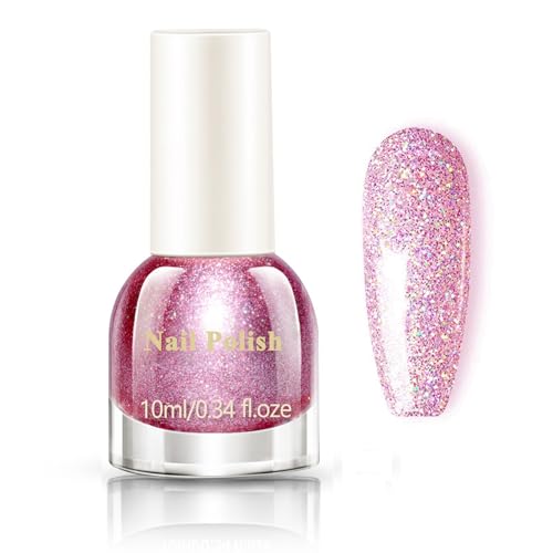 Rosa Glitzernagellack, Schnelltrocknender und langanhaltender Nagellack mit Holografischer ohne UV-Lampe, Glitzernder Pink Nail Polish Nail Art für Frauen(Rosa, 10ML)