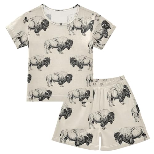 Pajama Short Sets Bison Pattern Print on Cream Soft Cotton Summer Sleepwear 2 Piece PJS Size 5-14T